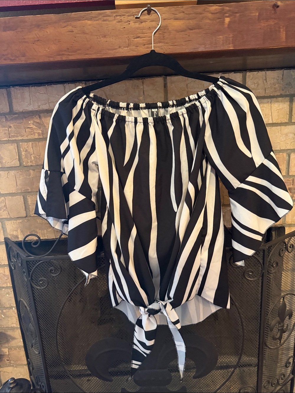 Black and White Striped Off-Shoulder Tie-Front Blouse